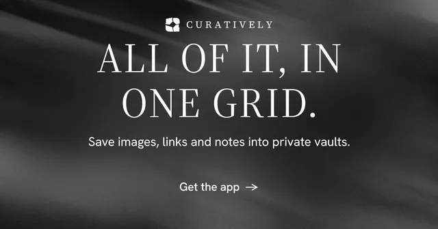 Social ad for Curatively: "All of it, in one grid." Minimal luxury style, centred layout, dark palette in black, grey.