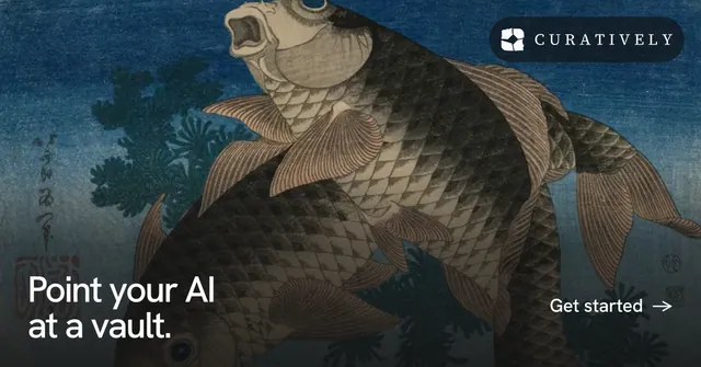 Social ad for Curatively: "Point your AI at a vault." Swiss style, image led layout, dark palette in black, blue, grey.