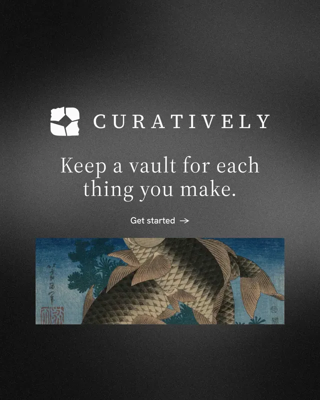 Instagram portrait post for Curatively: "Keep a vault for each thing you make." Minimal luxury style, logo hero layout, dark palette in black, grey.