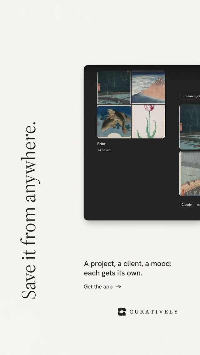Instagram story for Curatively: "Save it from anywhere." Minimal luxury style, vertical layout, light palette in white, black.