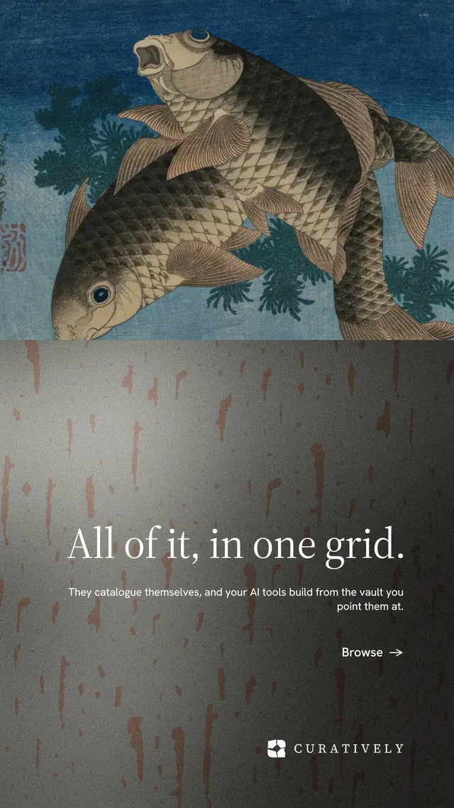 Instagram story for Curatively: "All of it, in one grid." Minimal luxury style, right layout, dark palette in grey, black.