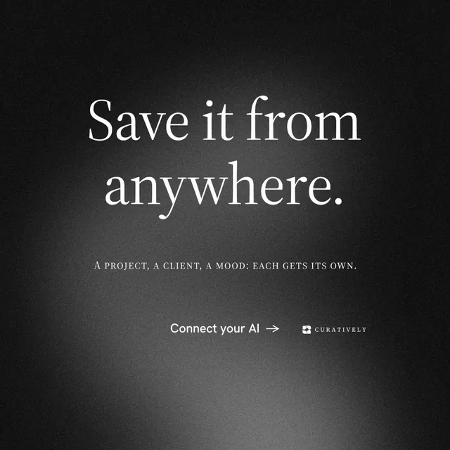 Instagram post for Curatively: "Save it from anywhere." Minimal luxury style, smallcaps layout, dark palette in black, grey.