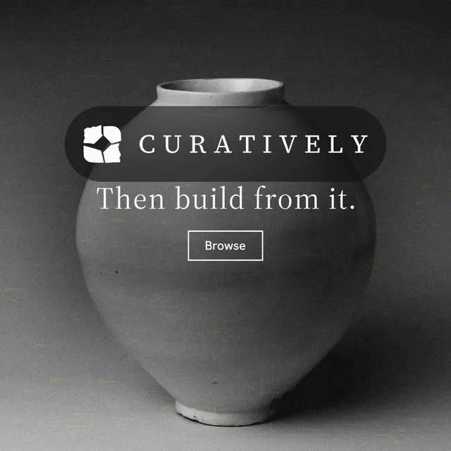 Instagram post for Curatively: "Then build from it." Editorial style, logo hero layout, dark palette in black, grey.