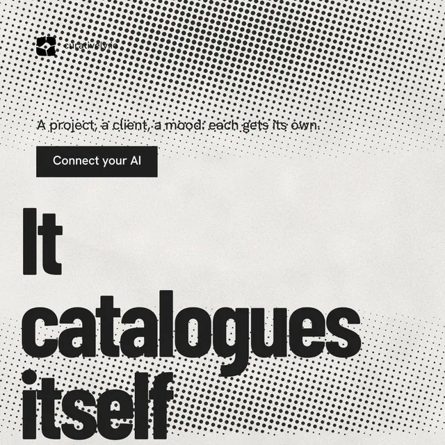 Instagram post for Curatively: "Saved, sorted and yours." Retro print style, oversized layout, light palette in grey, white.