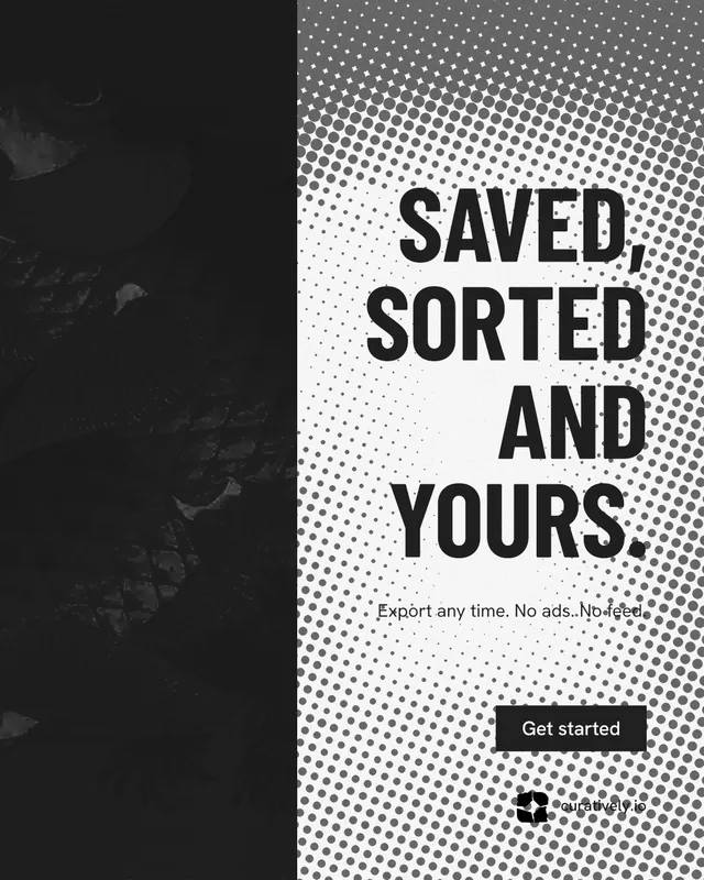 Instagram portrait post for Curatively: "Saved, sorted and yours." Retro print style, right layout, light palette in white, black, grey.