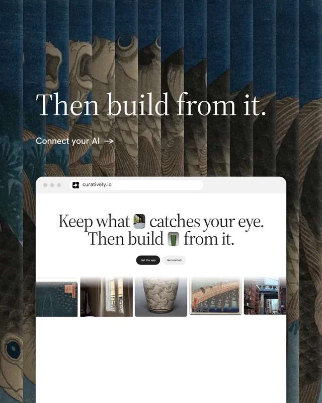 Instagram portrait post for Curatively: "Then build from it." Minimal luxury style, browser layout, light palette in black, blue, white.