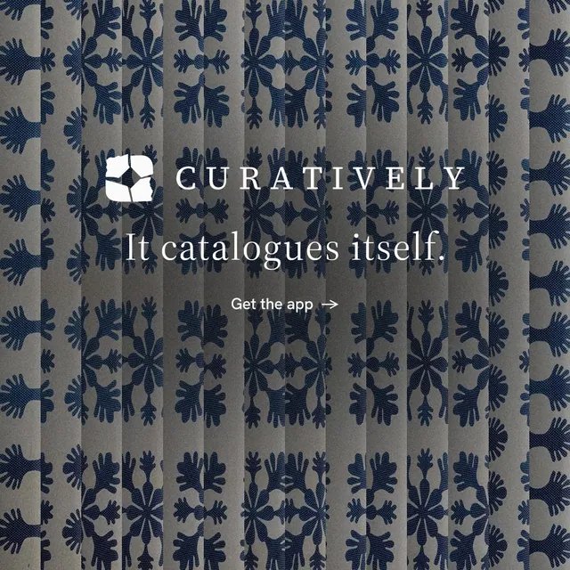 Instagram post for Curatively: "It catalogues itself." Minimal luxury style, logo hero layout, dark palette in grey, blue.