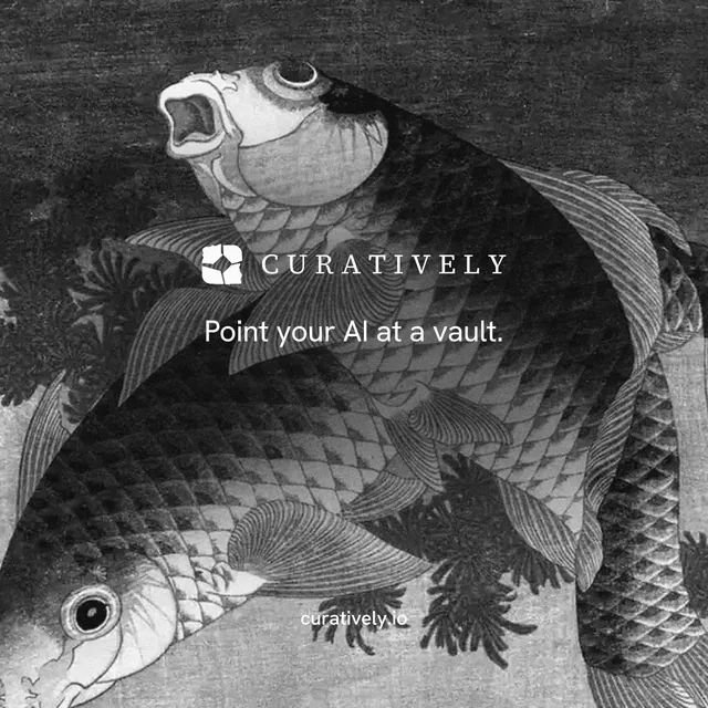 Instagram post for Curatively: "Point your AI at a vault." Editorial style, end card layout, dark palette in grey, black.