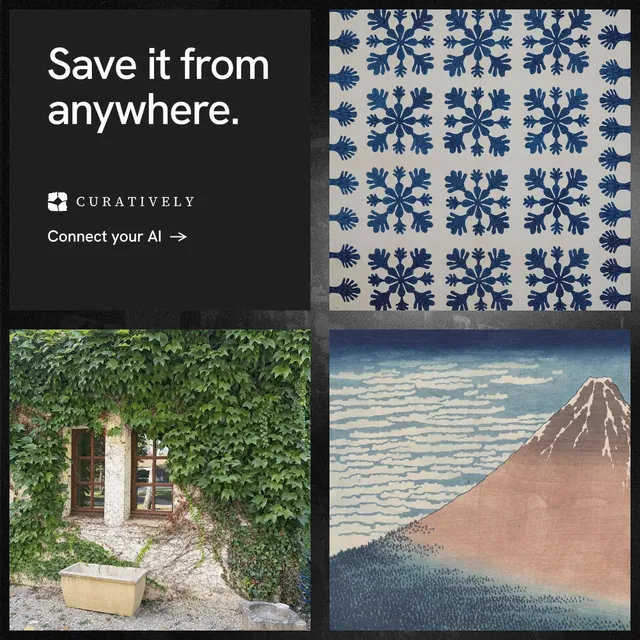 Instagram post for Curatively: "Save it from anywhere." Minimal luxury style, collage layout, dark palette in black, grey.