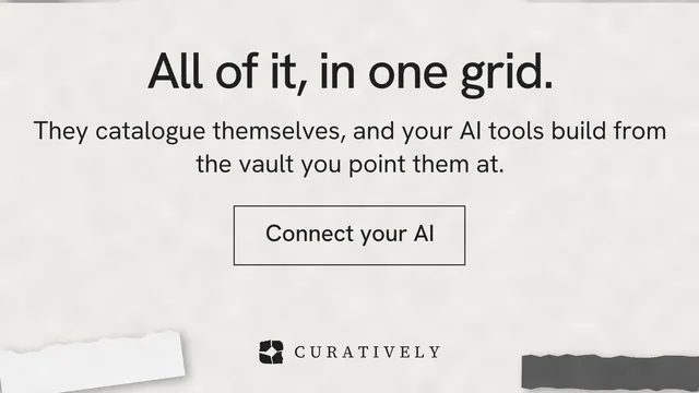 Landscape graphic for Curatively: "All of it, in one grid." Editorial style, skeleton layout, light palette in white, grey.