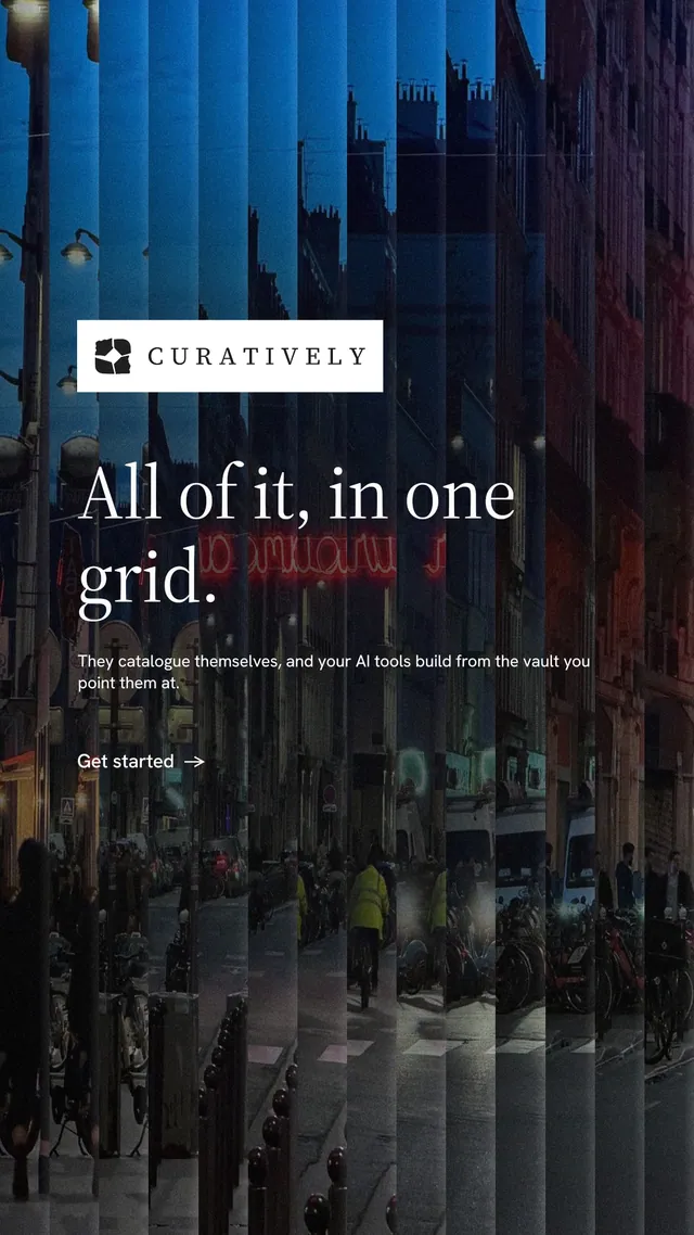 Instagram story for Curatively: "All of it, in one grid." Minimal luxury style, announce layout, dark palette in black, blue.