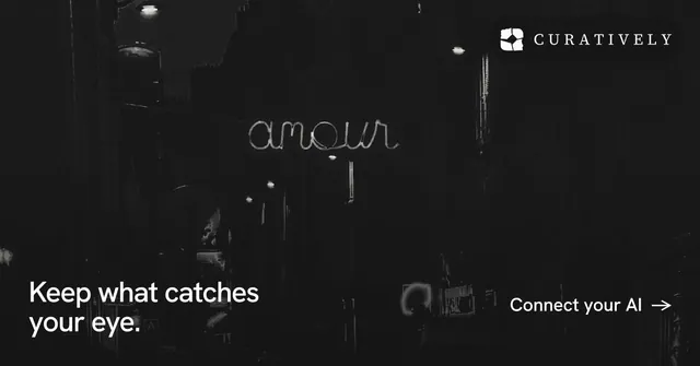 Social ad for Curatively: "Keep what catches your eye." Swiss style, image led layout, dark palette in black.