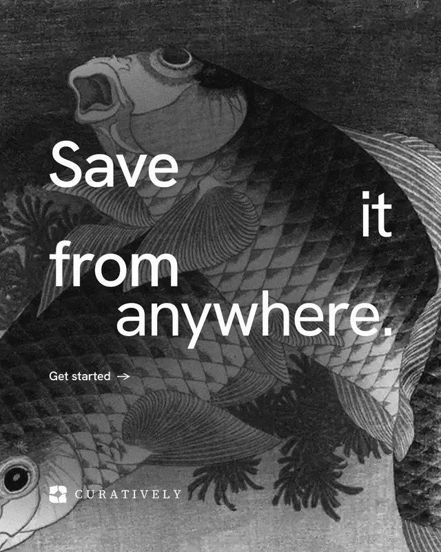 Instagram portrait post for Curatively: "Save it from anywhere." Minimal luxury style, stacked layout, dark palette in grey, black.