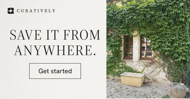 Social ad for Curatively: "Save it from anywhere." Editorial style, skeleton layout, light palette in green, white, grey.