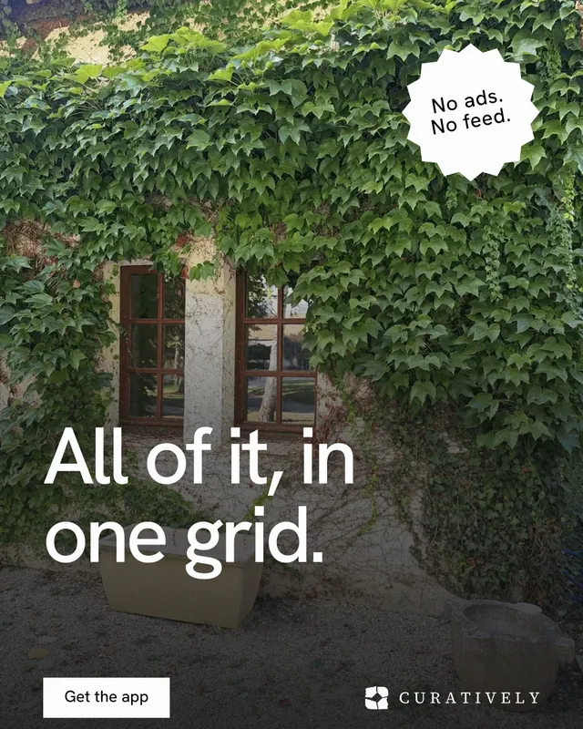 Instagram portrait post for Curatively: "All of it, in one grid." Swiss style, sticker layout, dark palette in green, black, grey.