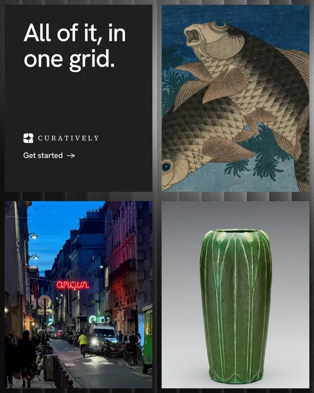 Instagram portrait post for Curatively: "All of it, in one grid." Minimal luxury style, collage layout, dark palette in black, grey, blue.