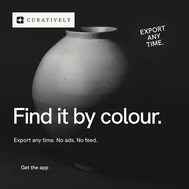 Instagram post for Curatively: "Find it by colour." Swiss style, sticker layout, dark palette in black, grey.