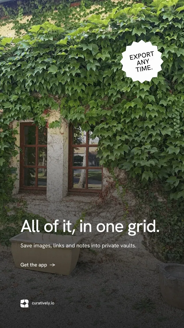 Instagram story for Curatively: "All of it, in one grid." Minimal luxury style, sticker layout, dark palette in black, grey.