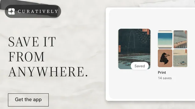Landscape graphic for Curatively: "Save it from anywhere." Editorial style, bottom layout, light palette in white, grey.