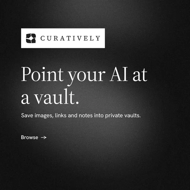 Instagram post for Curatively: "Point your AI at a vault." Minimal luxury style, announce layout, dark palette in black, grey.