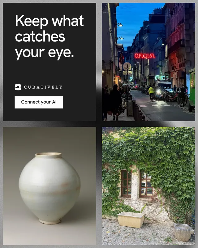 Instagram portrait post for Curatively: "Keep what catches your eye." Swiss style, collage layout, dark palette in grey, black.