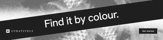 LinkedIn banner for Curatively: "Find it by colour." Split block style, diagonal layout, dark palette in black, white, grey.