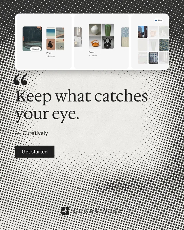 Instagram portrait post for Curatively: "Save it from anywhere." Retro print style, quote layout, light palette in grey, white.