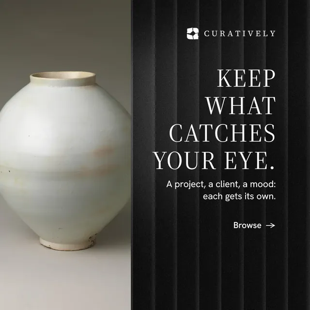 Instagram post for Curatively: "Keep what catches your eye." Minimal luxury style, right layout, dark palette in grey, black.