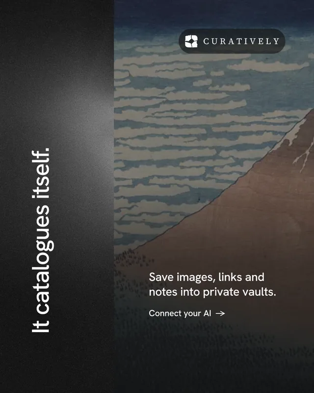 Instagram portrait post for Curatively: "It catalogues itself." Minimal luxury style, vertical layout, dark palette in grey, black.