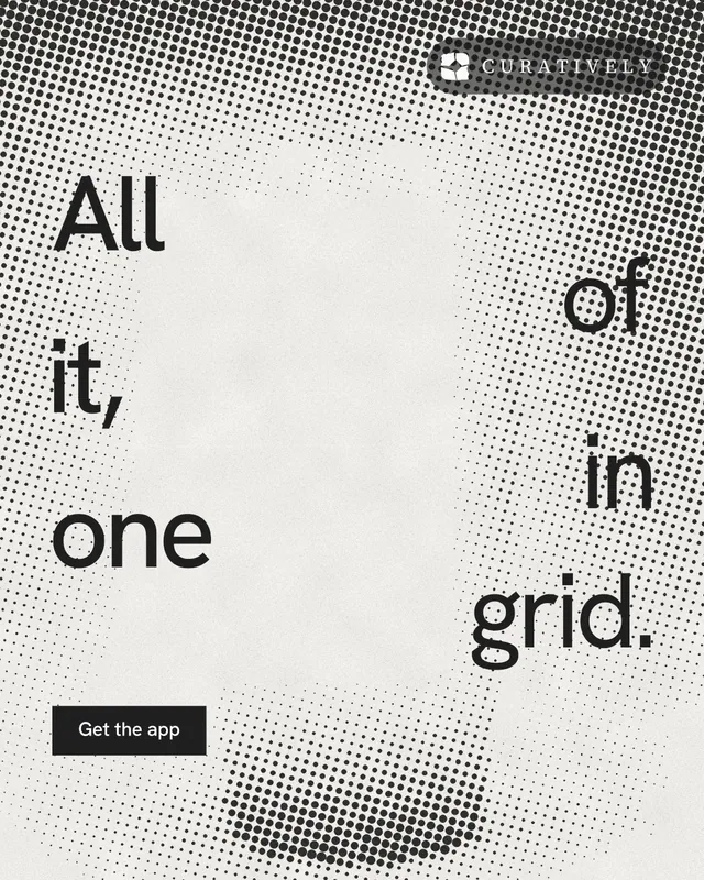 Instagram portrait post for Curatively: "All of it, in one grid." Swiss style, stacked layout, light palette in white, grey.