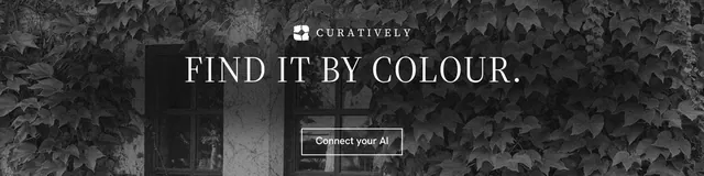 LinkedIn banner for Curatively: "Find it by colour." Editorial style, centred layout, dark palette in black, grey.