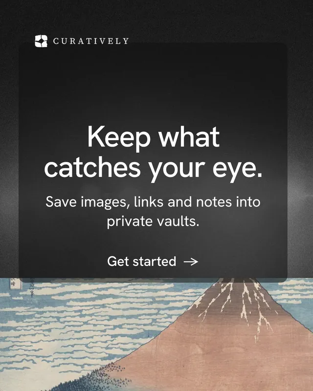 Instagram portrait post for Curatively: "Keep what catches your eye." Minimal luxury style, skeleton layout, dark palette in black, orange, grey.