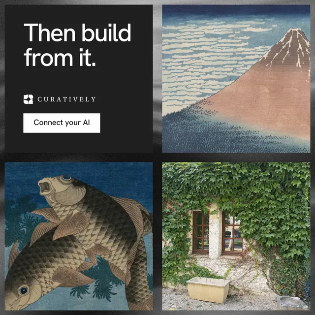 Instagram post for Curatively: "Then build from it." Swiss style, collage layout, dark palette in grey, black, blue.