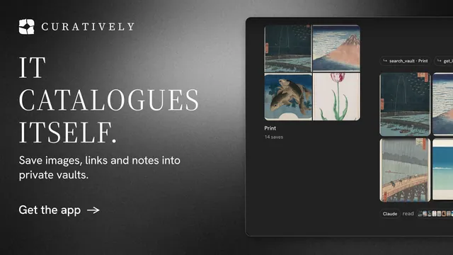 Landscape graphic for Curatively: "It catalogues itself." Minimal luxury style, bottom layout, dark palette in black, grey.