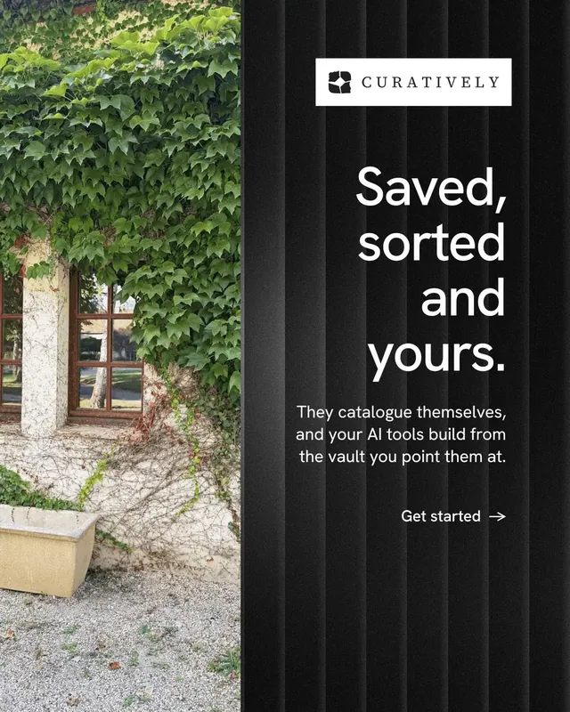 Instagram portrait post for Curatively: "Saved, sorted and yours." Minimal luxury style, right layout, dark palette in grey, black.