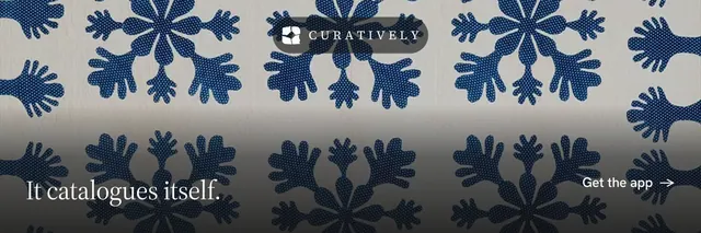 X header for Curatively: "It catalogues itself." Minimal luxury style, image led layout, dark palette in grey, blue.
