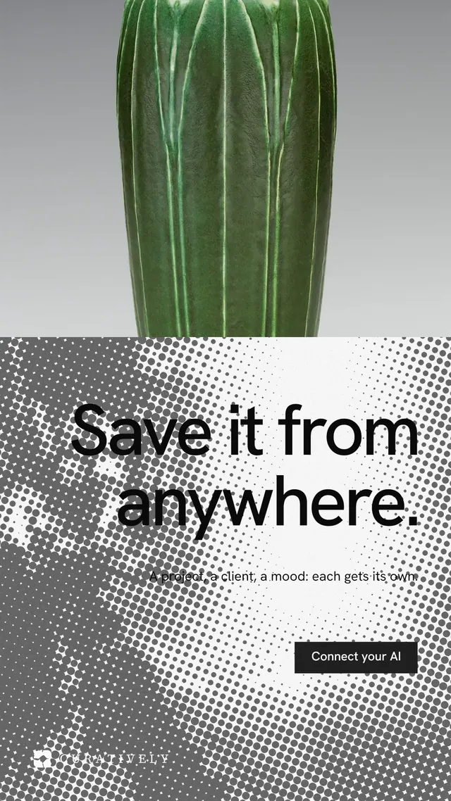 Instagram story for Curatively: "Save it from anywhere." Swiss style, right layout, light palette in grey, white.