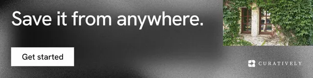 LinkedIn banner for Curatively: "Save it from anywhere." Swiss style, skeleton layout, dark palette in grey, black.