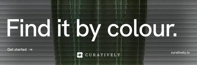X header for Curatively: "Find it by colour." Minimal luxury style, poster layout, dark palette in black, grey.