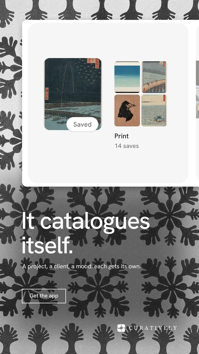 Instagram story for Curatively: "It catalogues itself." Editorial style, bottom layout, light palette in grey, white, black.