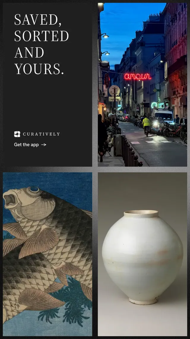 Instagram story for Curatively: "Saved, sorted and yours." Minimal luxury style, collage layout, dark palette in grey, black, blue.