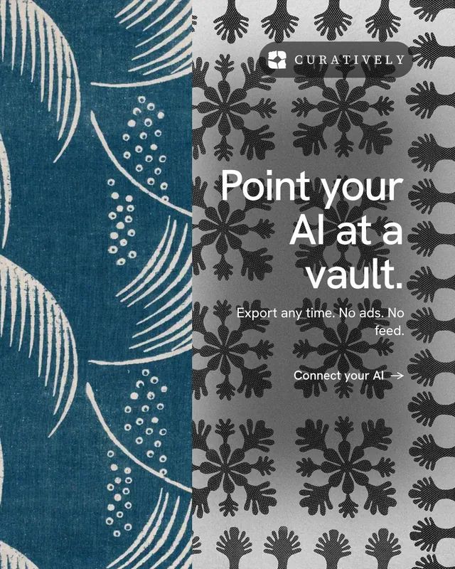 Instagram portrait post for Curatively: "Point your AI at a vault." Minimal luxury style, right layout, dark palette in blue, grey.