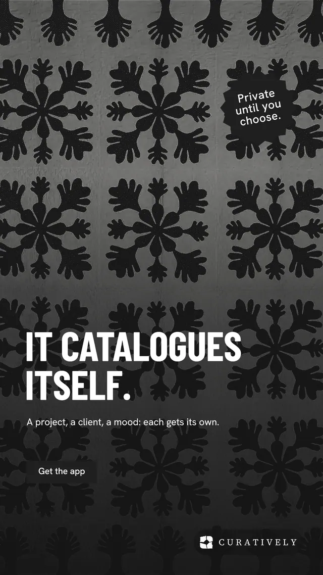 Instagram story for Curatively: "It catalogues itself." Retro print style, sticker layout, dark palette in black, grey.