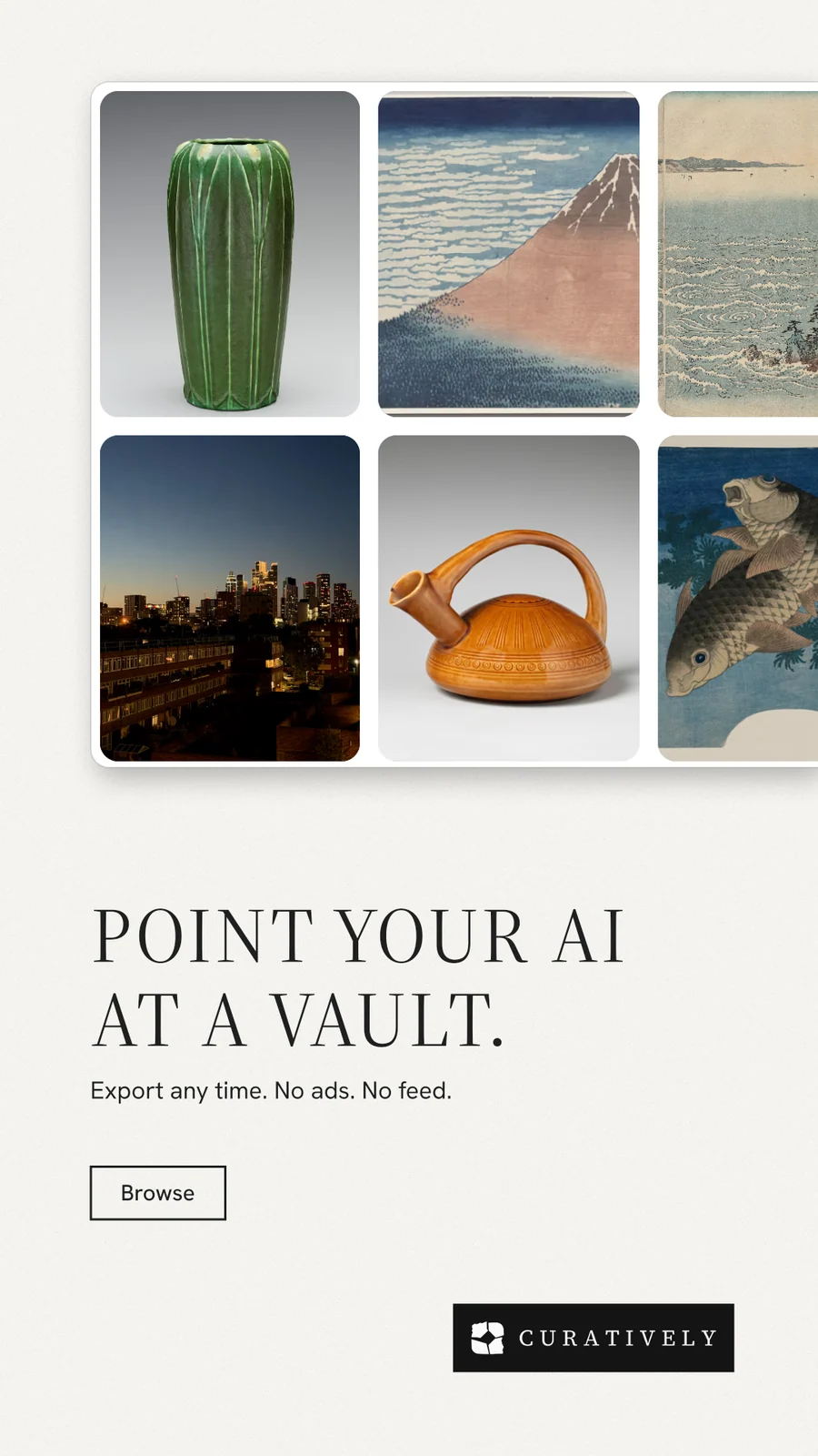 Instagram story for Curatively: "Point your AI at a vault." Editorial style, bottom layout, light palette in white, grey.