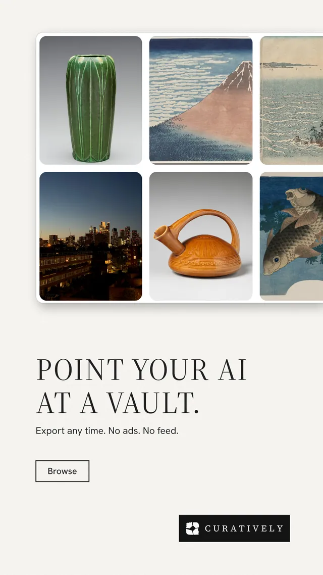 Instagram story for Curatively: "Point your AI at a vault." Editorial style, bottom layout, light palette in white, grey.