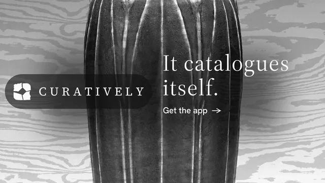 Landscape graphic for Curatively: "It catalogues itself." Minimal luxury style, logo hero layout, light palette in grey, black, white.