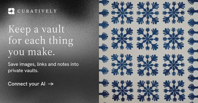 Social ad for Curatively: "Keep a vault for each thing you make." Minimal luxury style, bottom layout, light palette in black, grey.