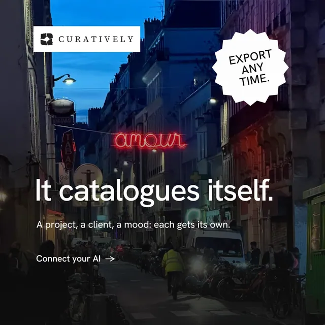 Instagram post for Curatively: "It catalogues itself." Minimal luxury style, sticker layout, dark palette in black, blue, grey.