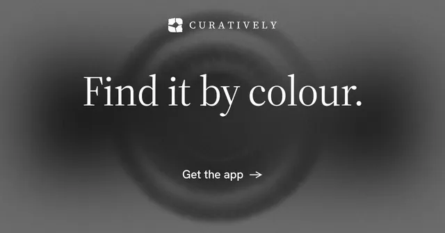 Social ad for Curatively: "Find it by colour." Minimal luxury style, centred layout, dark palette in black, grey.