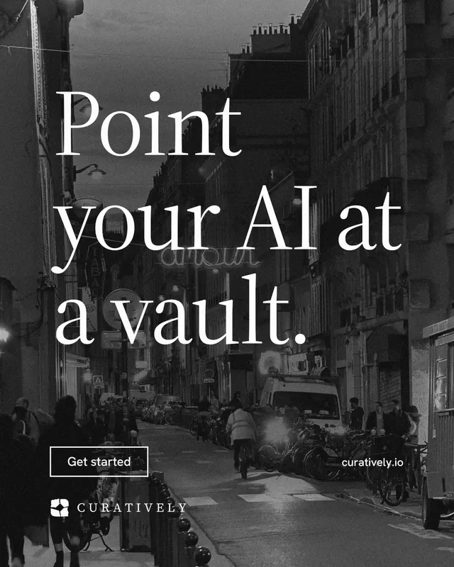 Instagram portrait post for Curatively: "Point your AI at a vault." Editorial style, poster layout, dark palette in black, grey.